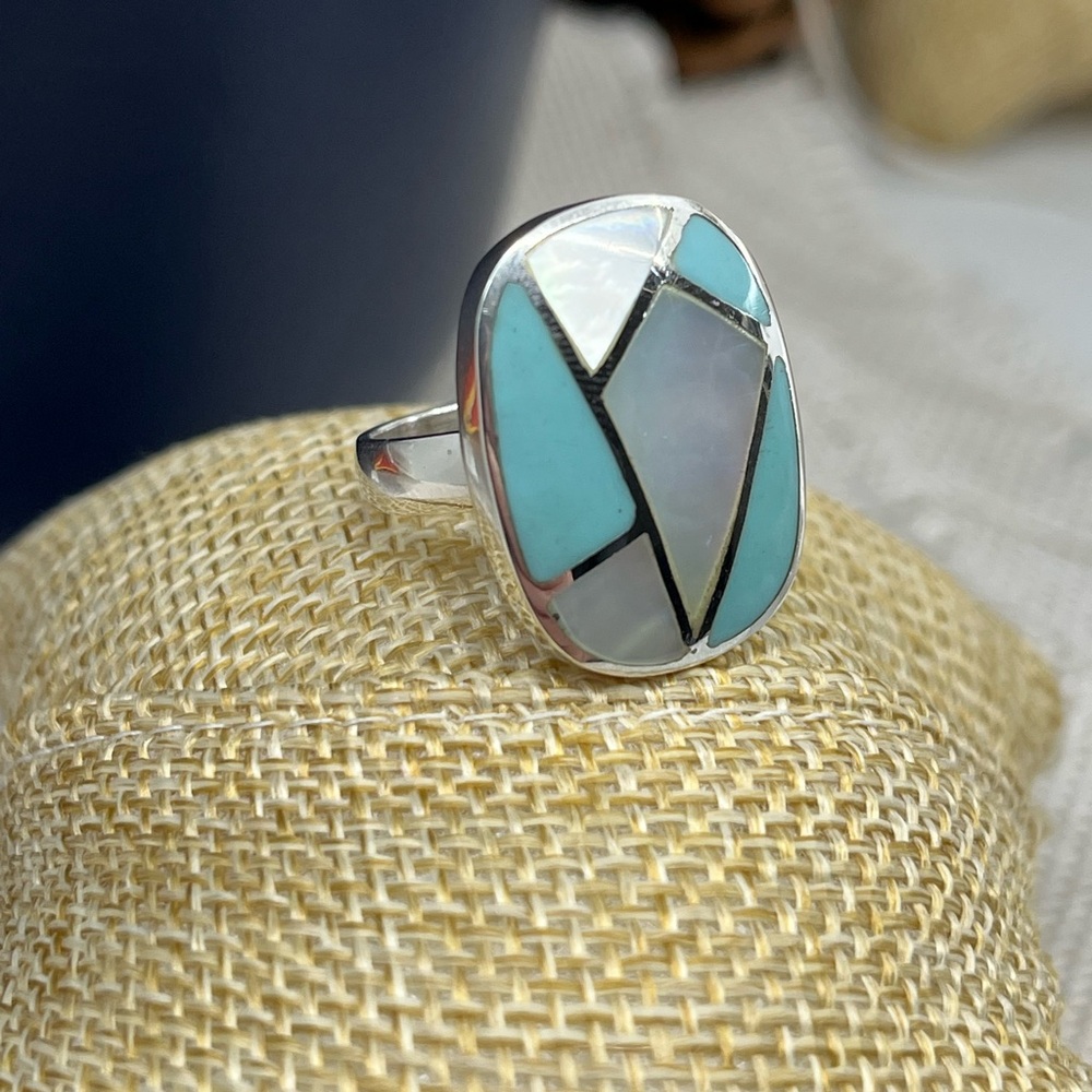 Vintage Thai 925 Sterling Silver Natural Turquoise MOP Inlay Ring Size 6 - Picture 4 of 16